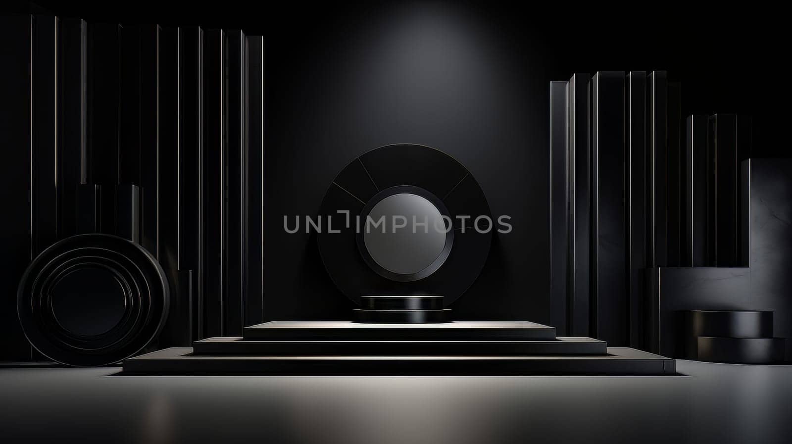 Black futuristic 3D Elegant Podium Stage. Abstract geometric minimalist 3D scene with podium, copy space or space for product presentation. generative AI.