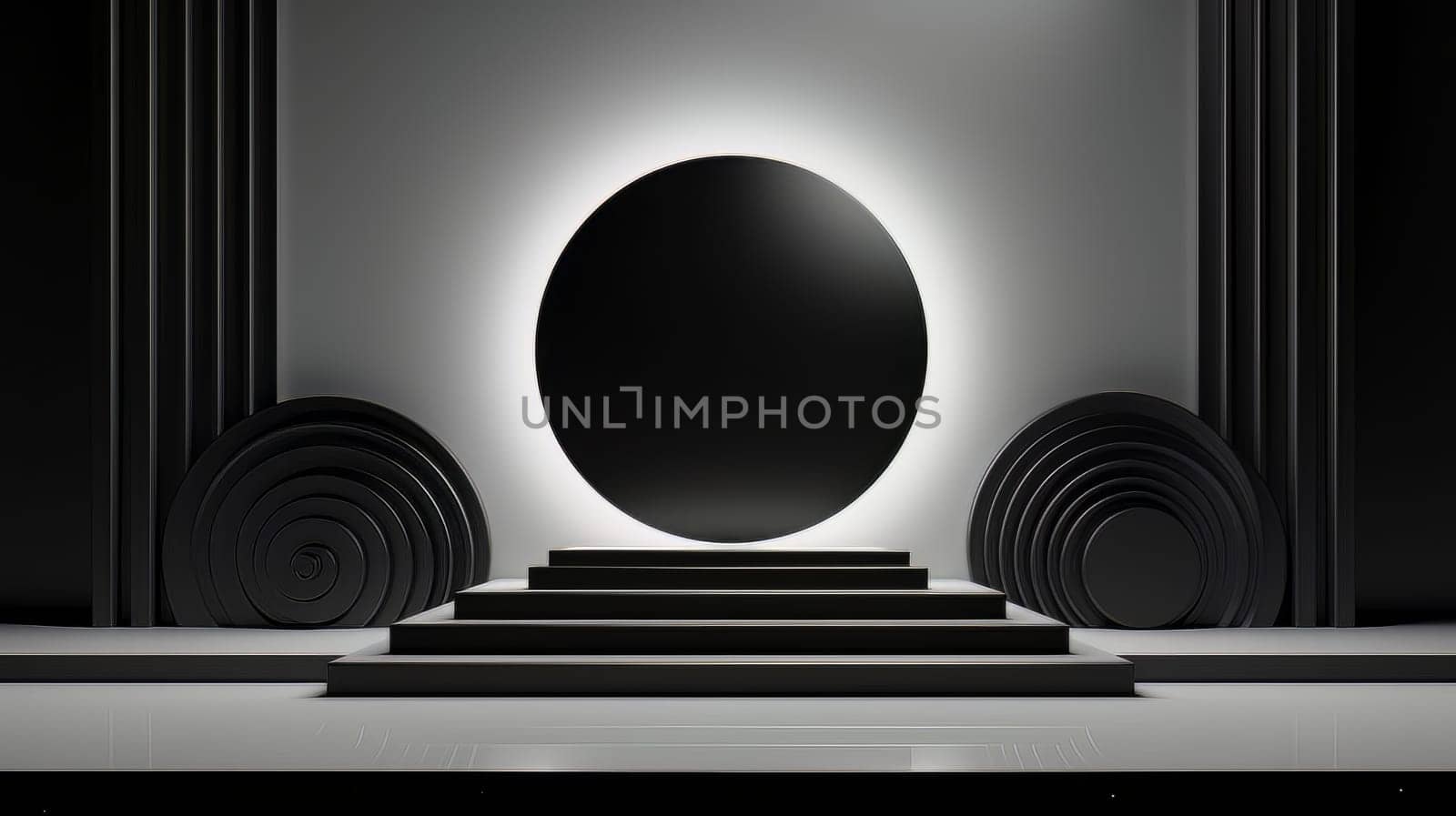 Black futuristic 3D Elegant Podium Stage. Abstract geometric minimalist 3D scene with podium, copy space or space for product presentation. generative AI.