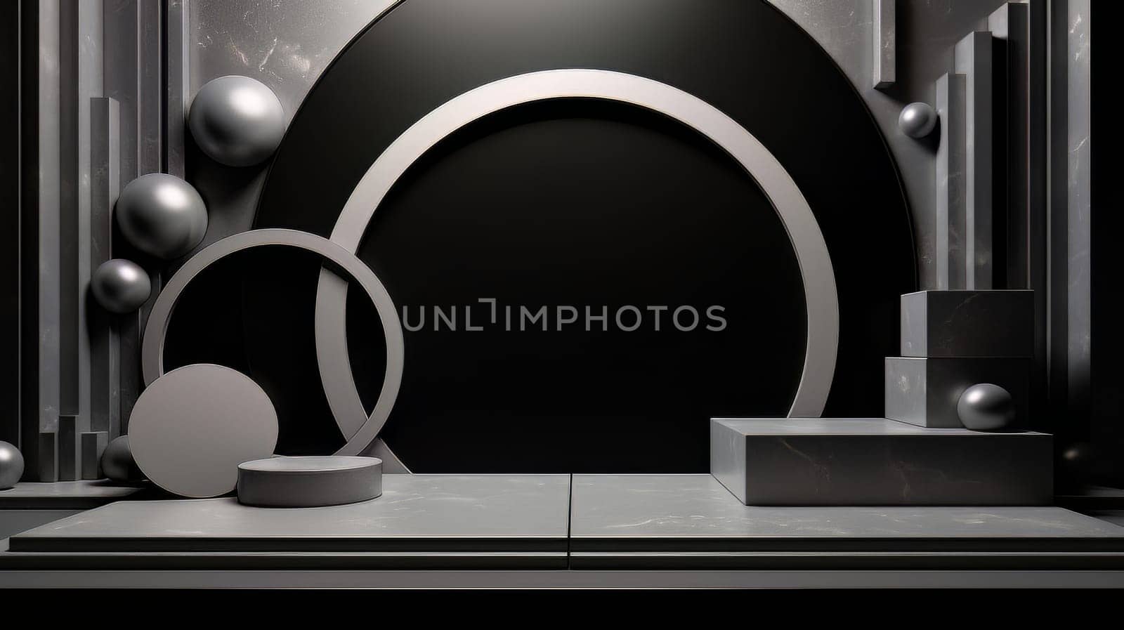 Black futuristic 3D Elegant Podium Stage. Abstract geometric minimalist 3D scene with podium, copy space or space for product presentation. generative AI.