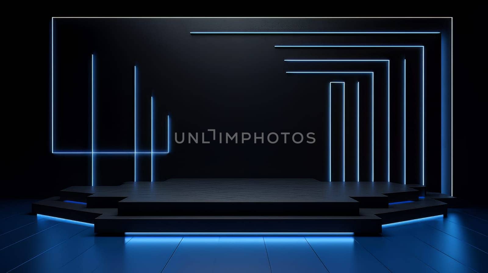 Dark blue futuristic 3D Elegant Podium Stage. Abstract geometric minimalist 3D scene with podium, copy space or space for product presentation. generative AI.