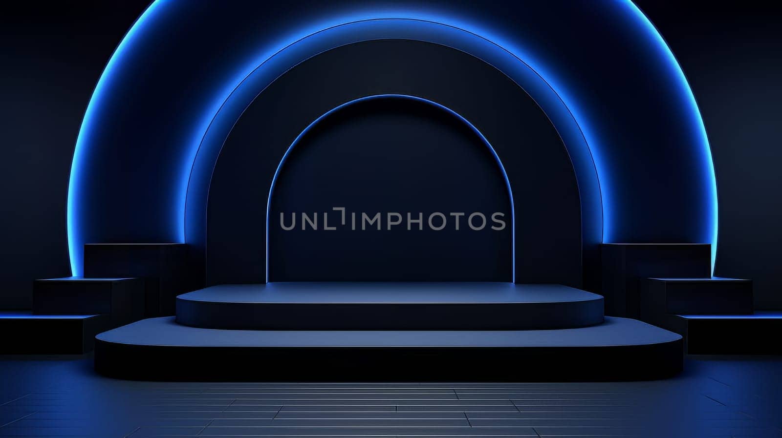 Dark blue futuristic 3D Elegant Podium Stage. Abstract geometric minimalist 3D scene with podium, copy space or space for product presentation. generative AI.