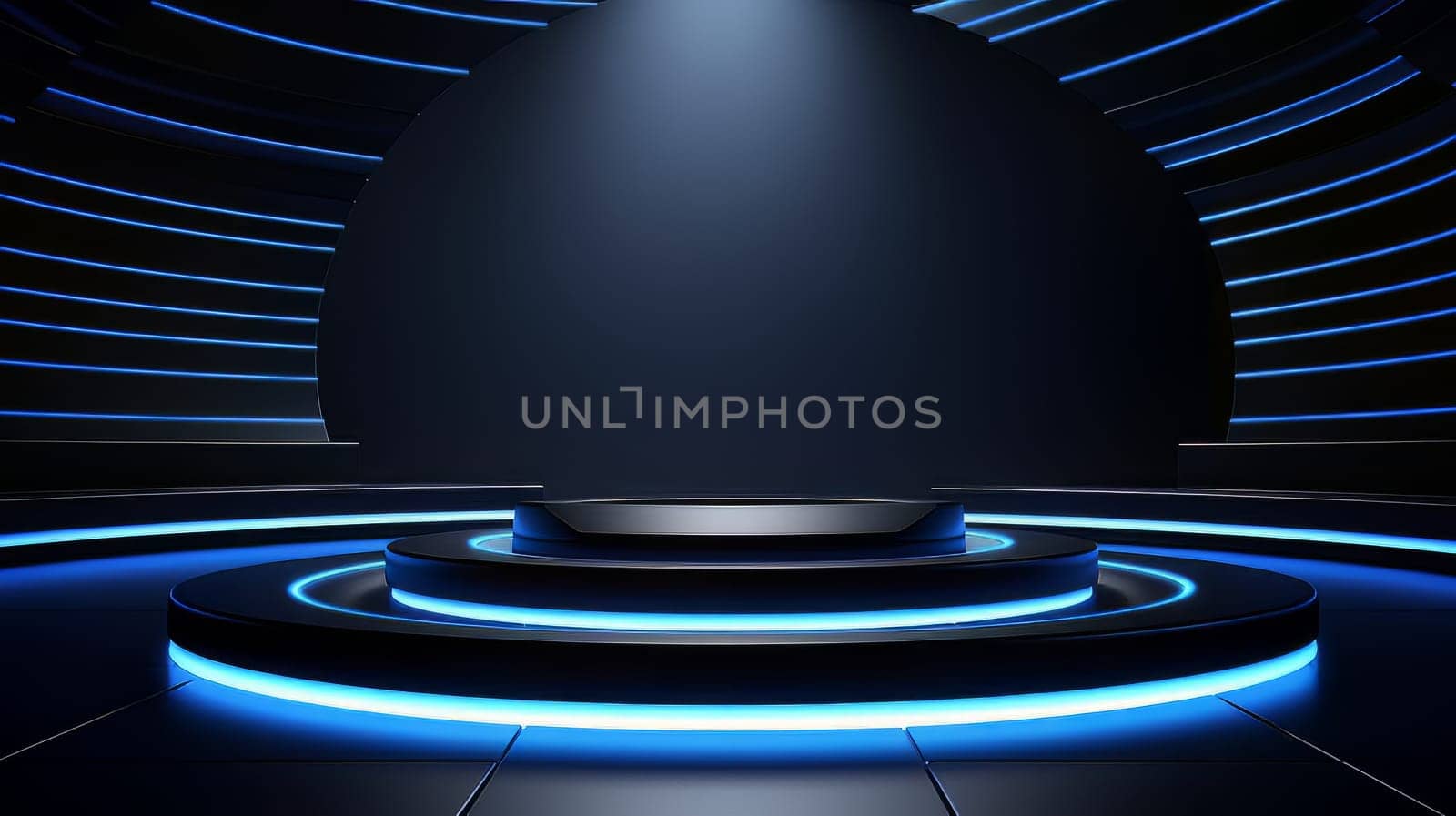 Dark blue futuristic 3D Elegant Podium Stage. Abstract geometric minimalist 3D scene with podium, copy space or space for product presentation. generative AI.