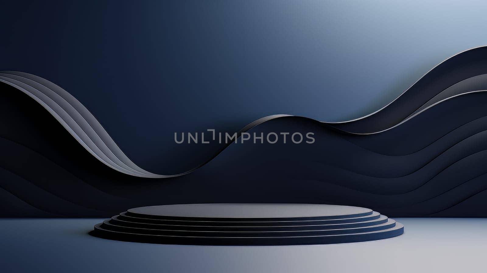 Dark blue futuristic 3D Elegant Podium Stage. Abstract geometric minimalist 3D scene with podium, copy space or space for product presentation. generative AI.