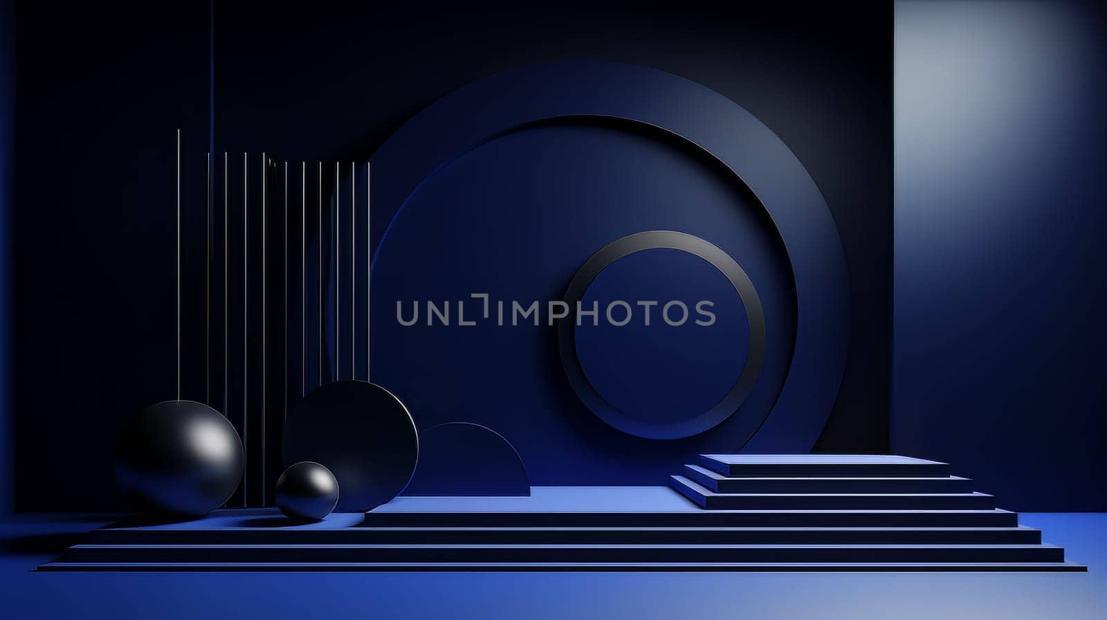 Dark blue futuristic 3D Elegant Podium Stage. Abstract geometric minimalist 3D scene with podium, copy space or space for product presentation. generative AI.