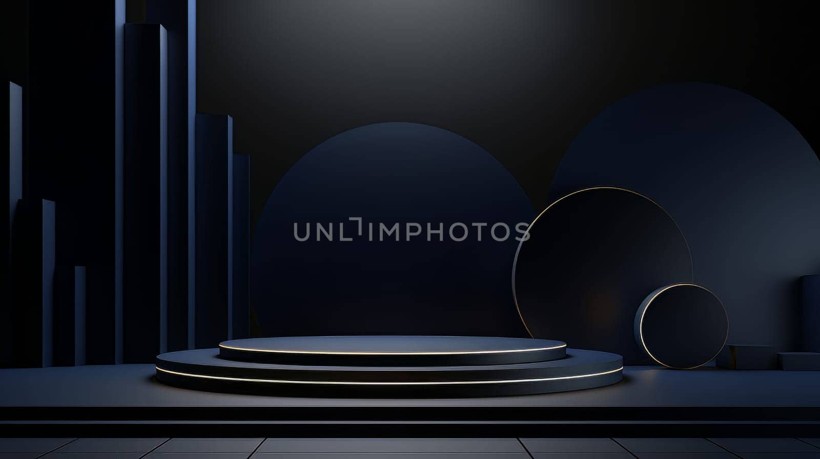 Dark blue futuristic 3D Elegant Podium Stage. Abstract geometric minimalist 3D scene with podium, copy space or space for product presentation. generative AI.