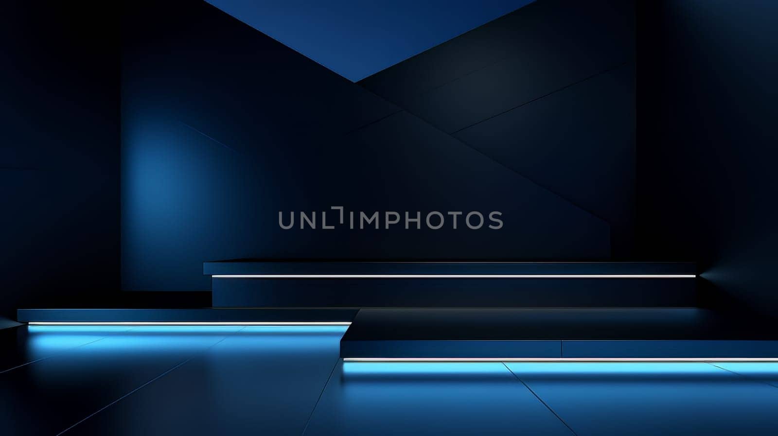 Dark blue futuristic 3D Elegant Podium Stage. Abstract geometric minimalist 3D scene with podium, copy space or space for product presentation. generative AI.