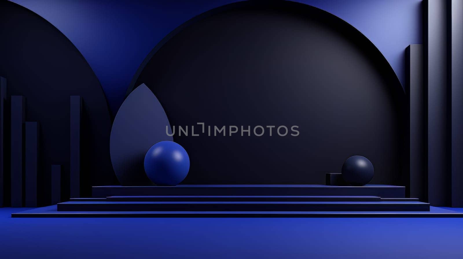 Dark blue futuristic 3D Elegant Podium Stage. Abstract geometric minimalist 3D scene with podium, copy space or space for product presentation. generative AI.