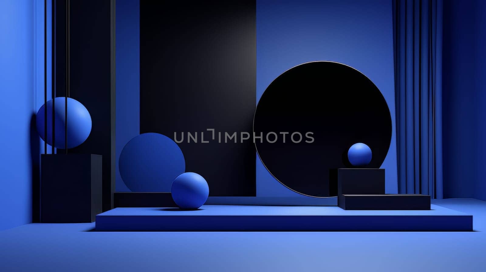 Dark blue futuristic 3D Elegant Podium Stage. Abstract geometric minimalist 3D scene with podium, copy space or space for product presentation. generative AI.