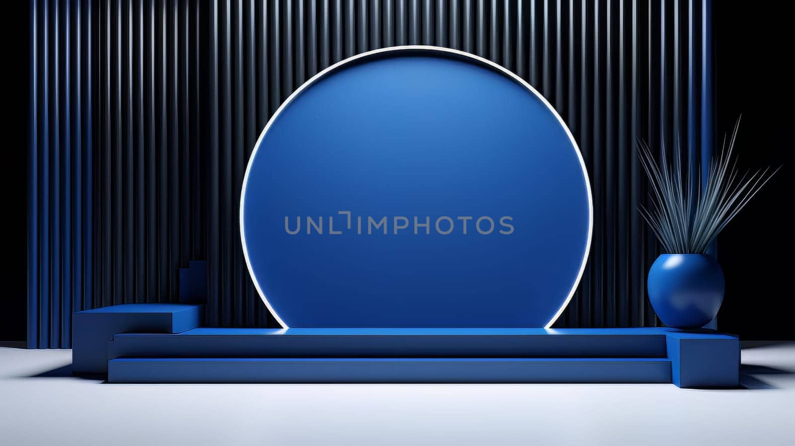 Dark blue futuristic 3D Elegant Podium Stage. Abstract geometric minimalist 3D scene with podium, copy space or space for product presentation. generative AI.