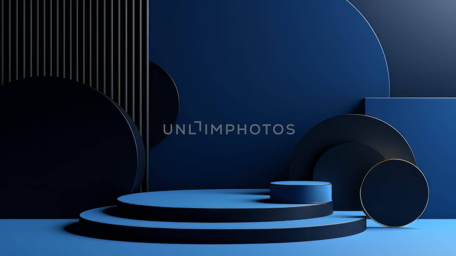 Abstract minimalistic dark blue scene with geometric shapes. 3D visualization AI by but_photo