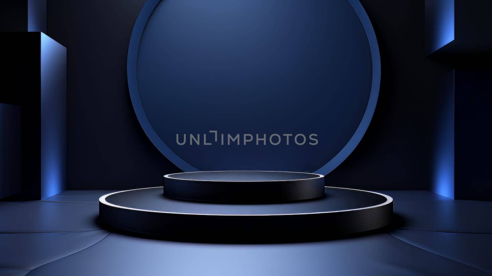 Abstract minimalistic dark blue scene with geometric shapes. 3D visualization AI by but_photo