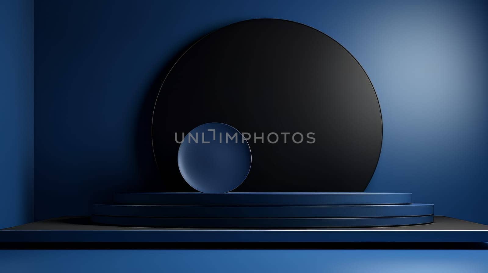 Abstract minimalistic dark blue scene with geometric shapes. 3D visualization AI by but_photo