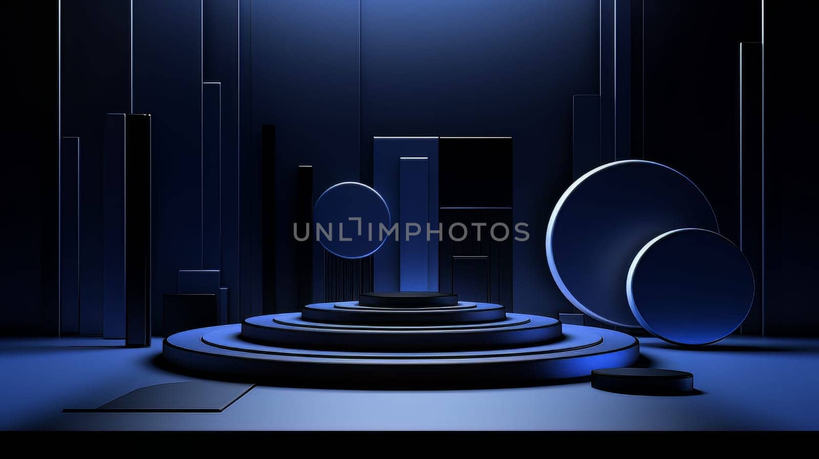 Abstract minimalistic dark blue scene with geometric shapes. 3D visualization AI by but_photo