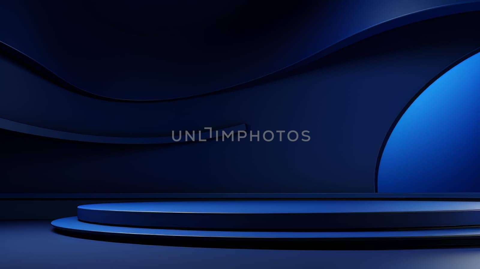 Dark blue futuristic 3D Elegant Podium Stage. Abstract geometric minimalist 3D scene with podium, copy space or space for product presentation. generative AI.