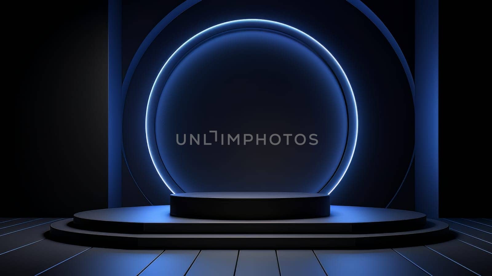 Abstract minimalistic dark blue scene with geometric shapes. 3D visualization AI by but_photo