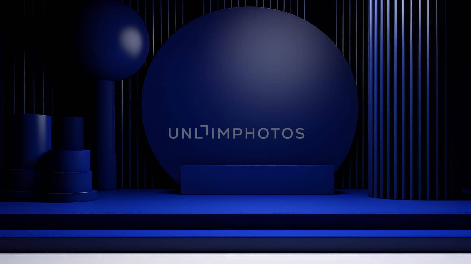 Abstract minimalistic dark blue scene with geometric shapes. 3D visualization AI by but_photo