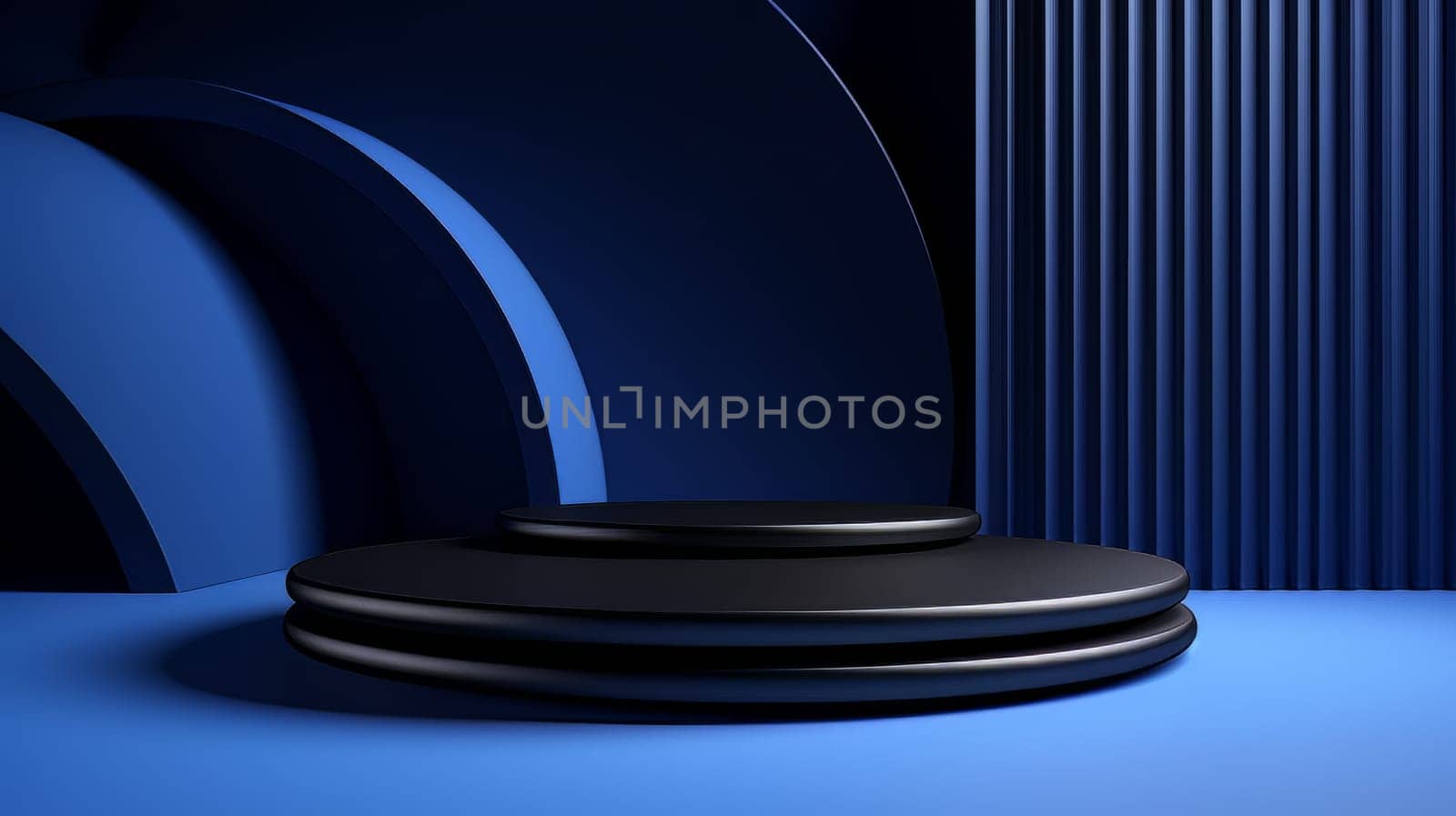 Dark blue futuristic 3D Elegant Podium Stage. Abstract geometric minimalist 3D scene with podium, copy space or space for product presentation. generative AI.