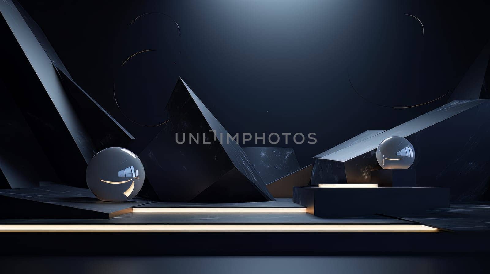 Dark blue futuristic 3D Elegant Podium Stage. Abstract geometric minimalist 3D scene with podium, copy space or space for product presentation. generative AI.