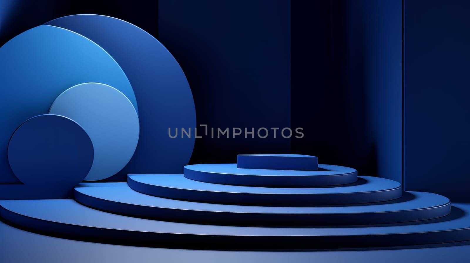 Abstract minimalistic dark blue scene with geometric shapes. 3D visualization AI by but_photo