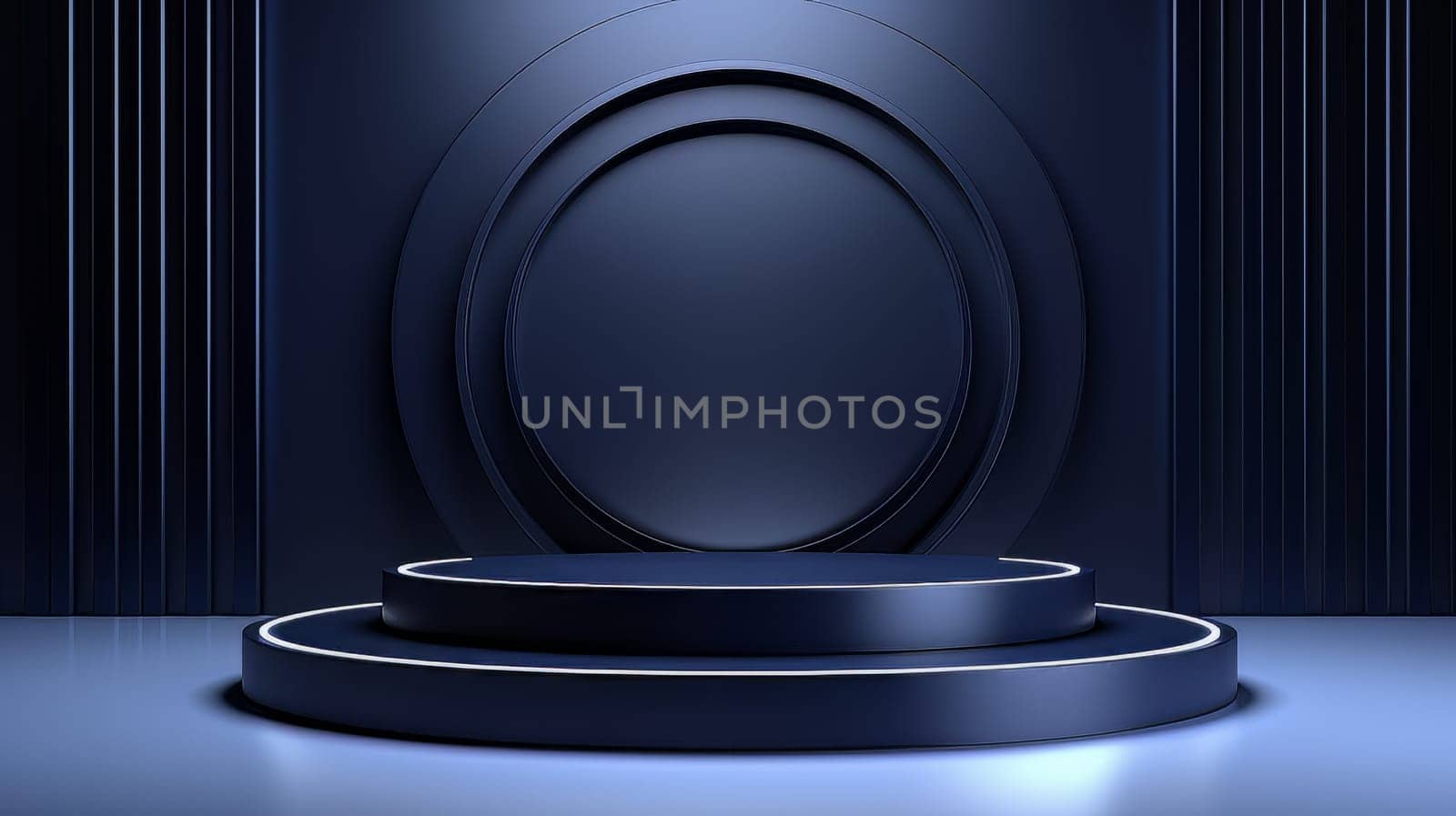 Abstract minimalistic dark blue scene with geometric shapes. 3D visualization AI by but_photo