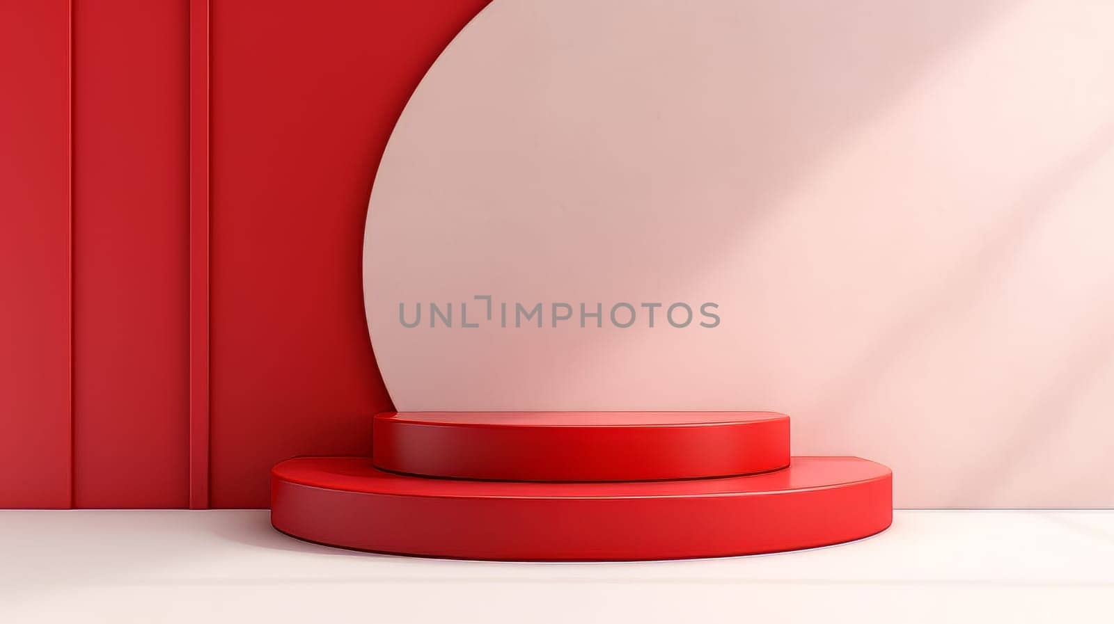 Red and white futuristic 3D Elegant Podium Stage. Abstract geometric minimalist 3D scene with podium, copy space or space for product presentation. generative AI.