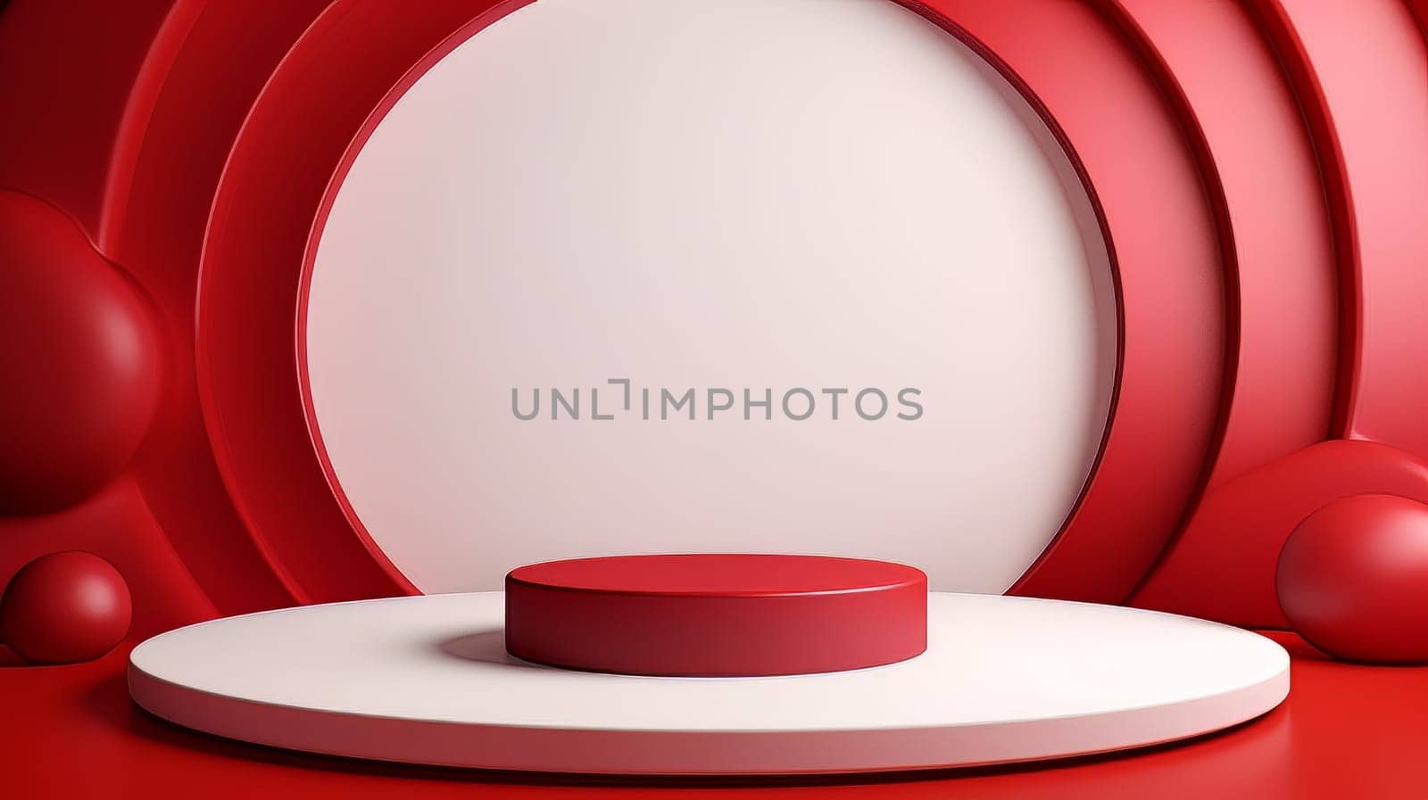 Abstract minimalistic red and white scene with geometric shapes. 3D visualization AI by but_photo