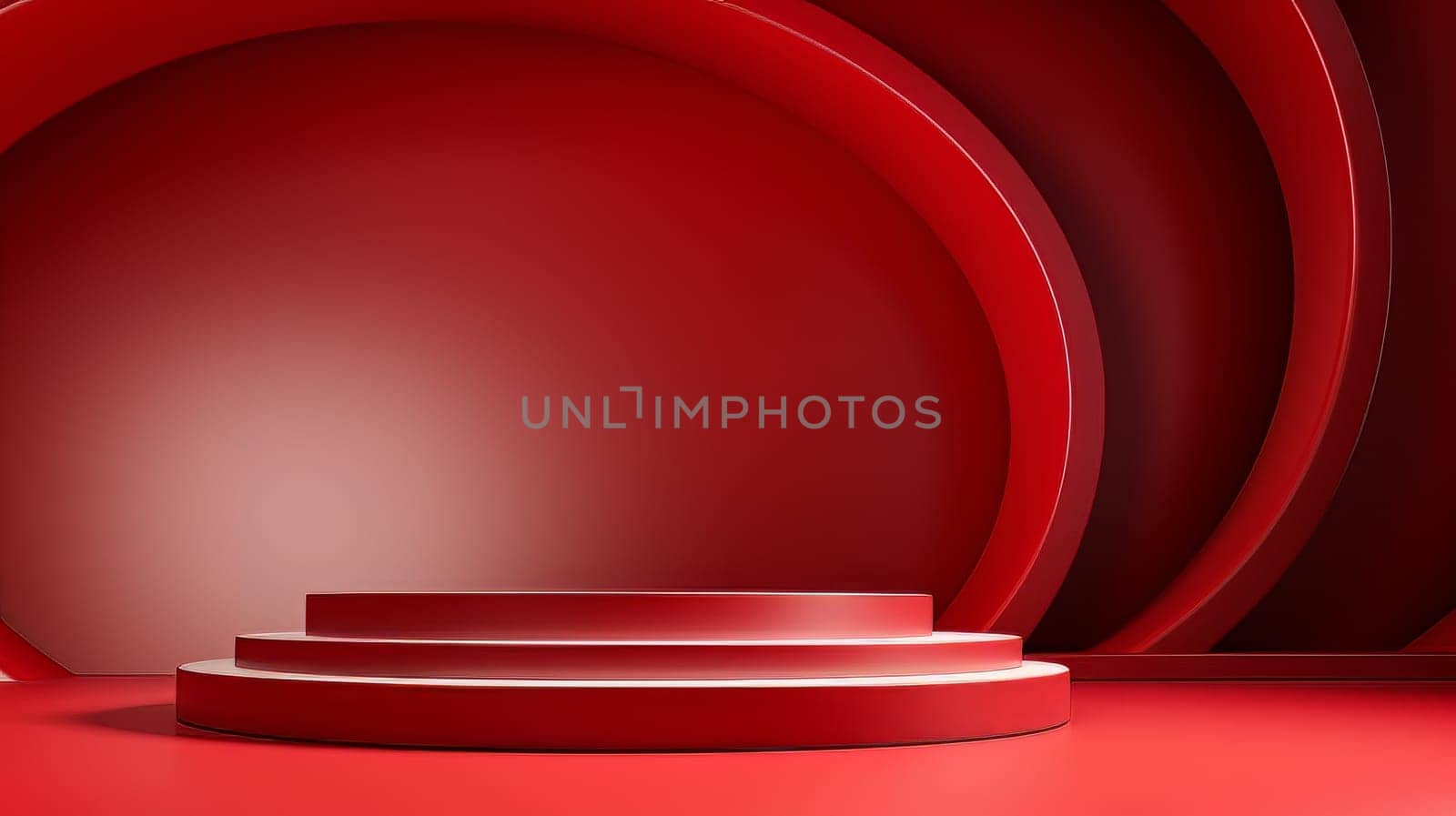 Abstract minimalistic red scene with geometric shapes. 3D visualization AI by but_photo