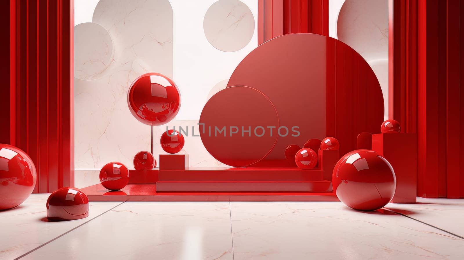 Abstract minimalistic red and white scene with geometric shapes. 3D visualization AI by but_photo