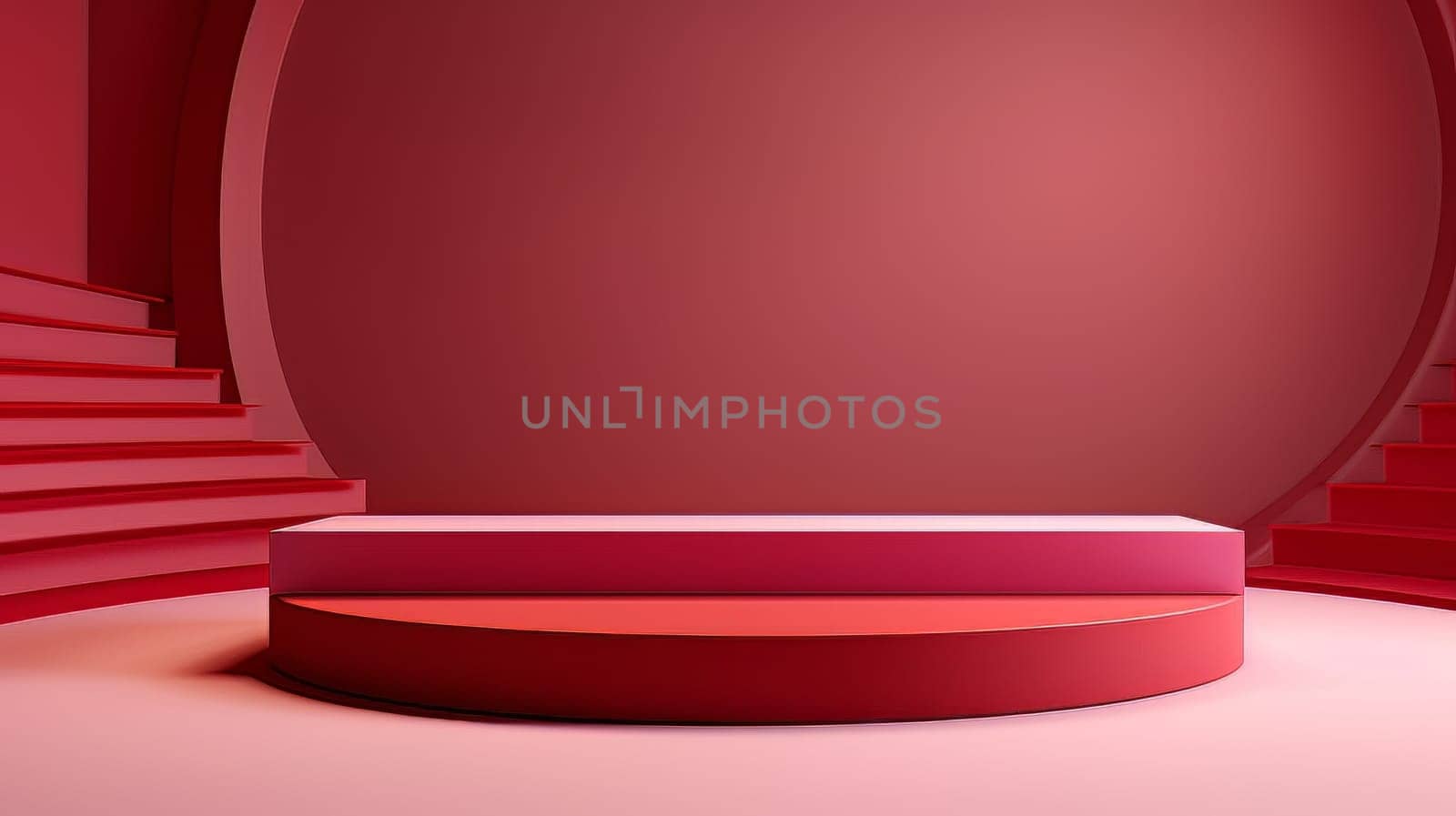 Abstract minimalistic red scene with geometric shapes. 3D visualization AI by but_photo