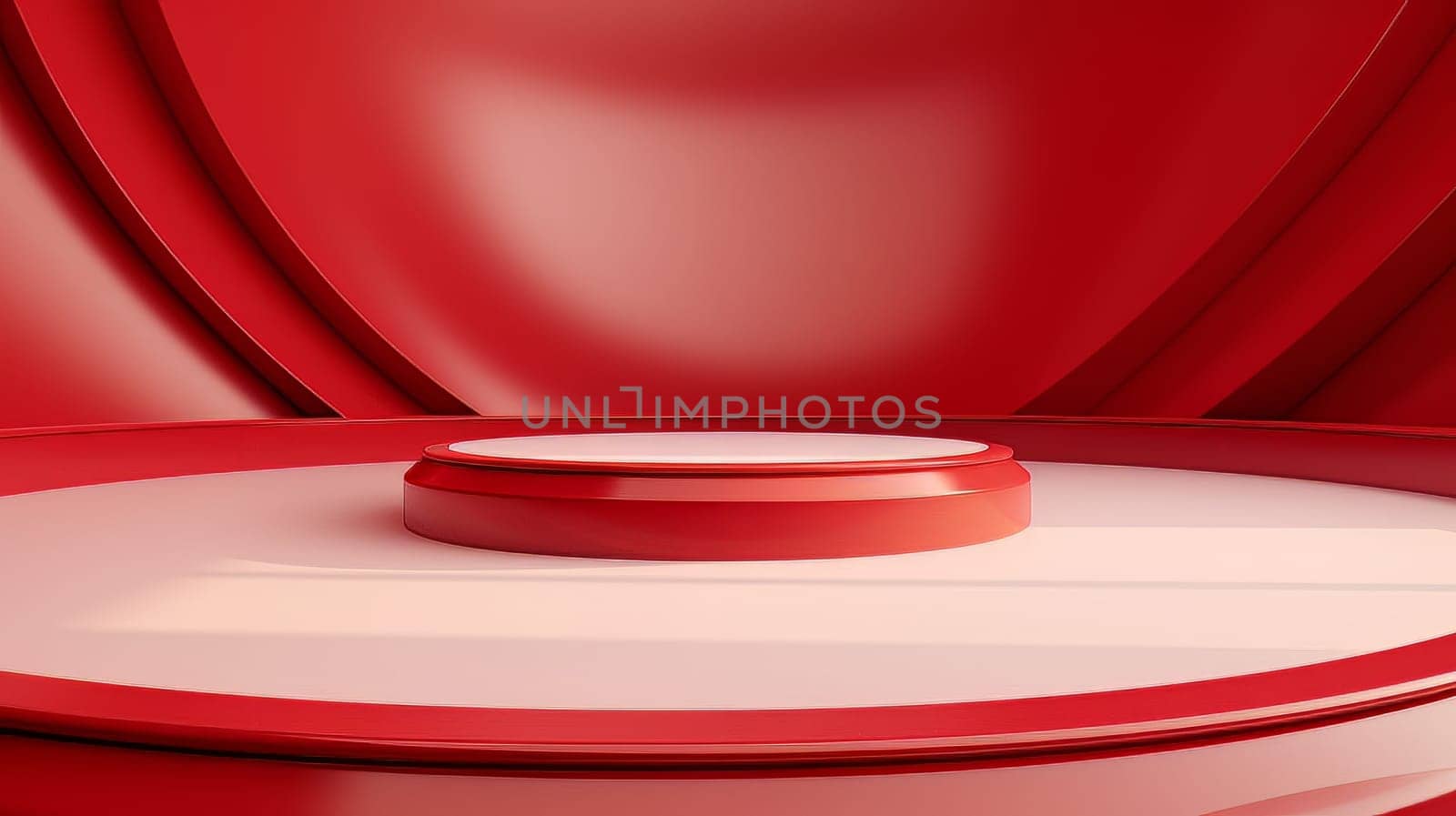 Red and white futuristic 3D Elegant Podium Stage. Abstract geometric minimalist 3D scene with podium, copy space or space for product presentation. generative AI.