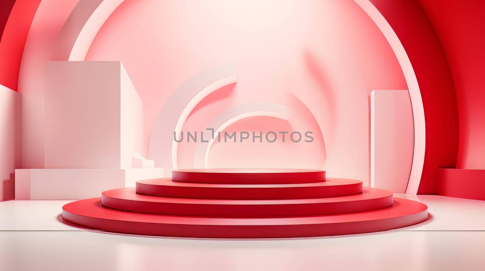 Red and white futuristic 3D Elegant Podium Stage. Abstract geometric minimalist 3D scene with podium, copy space or space for product presentation. generative AI.