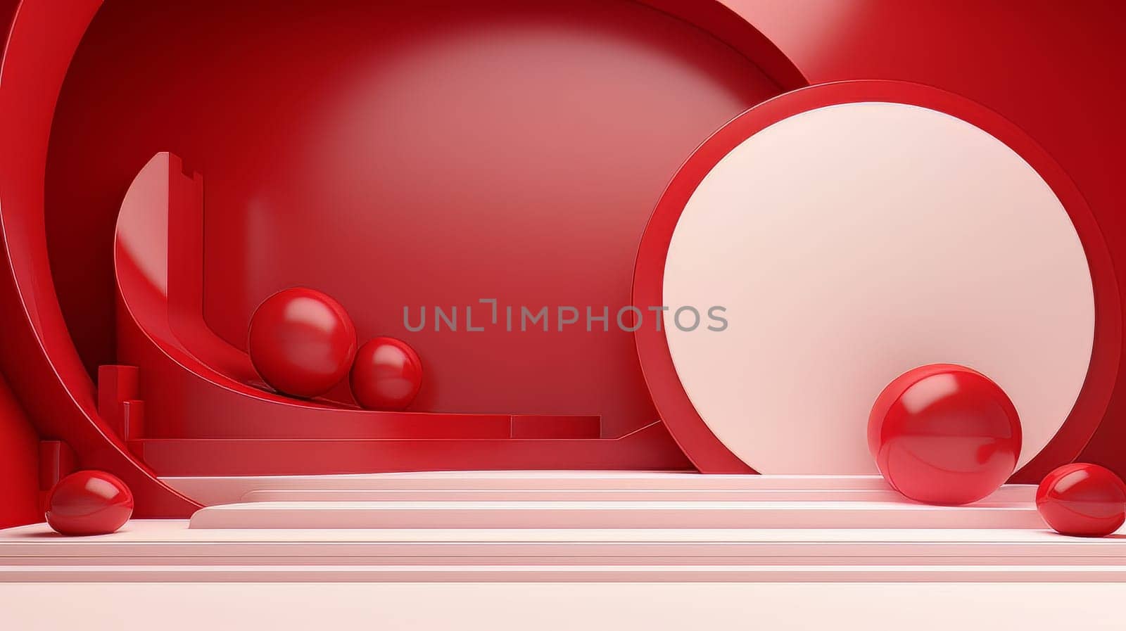 Red and white futuristic 3D Elegant Podium Stage. Abstract geometric minimalist 3D scene with podium, copy space or space for product presentation. generative AI.