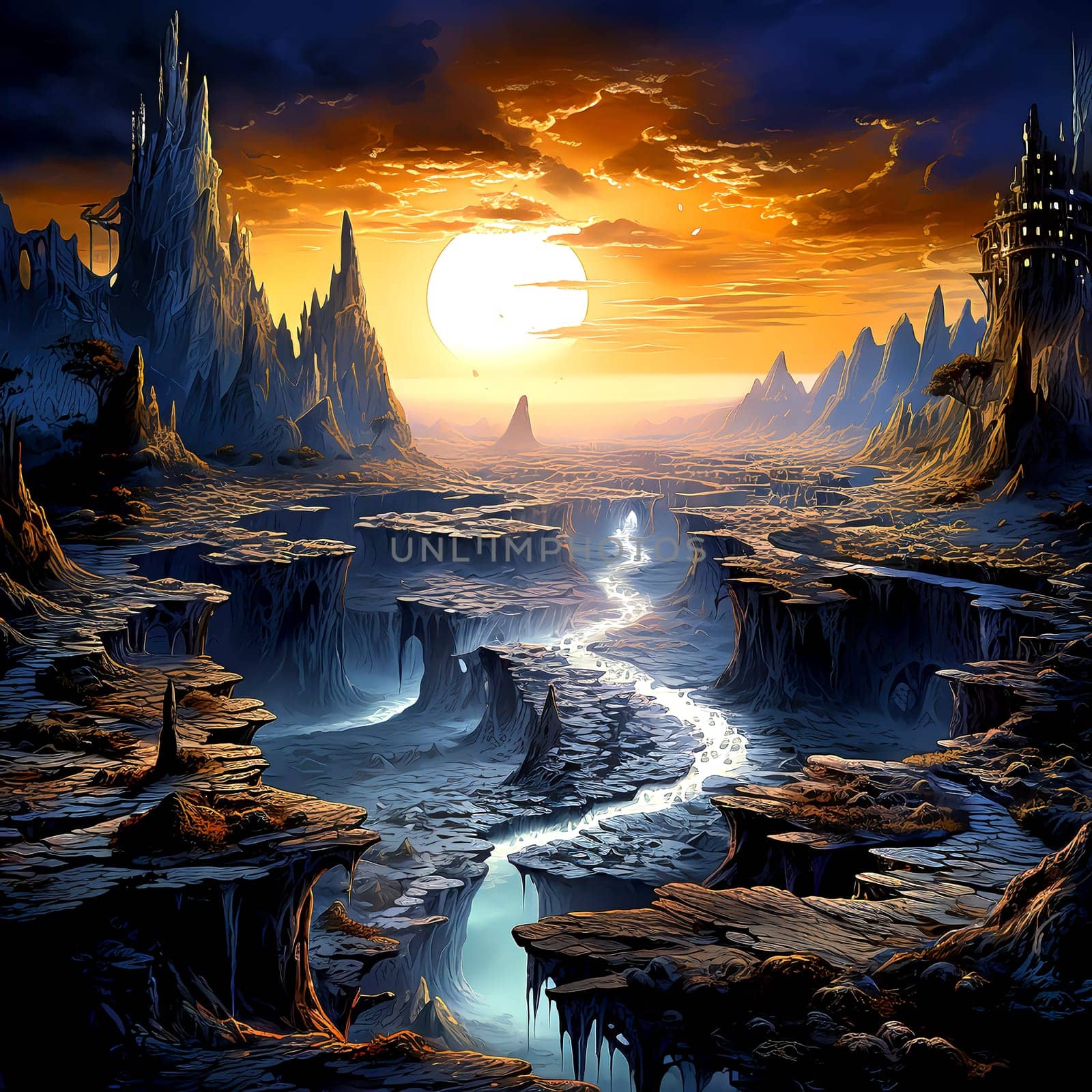 Psychedelic Poster with fantastic landscapes, mystical characters. AI Generated by AndreyKENO