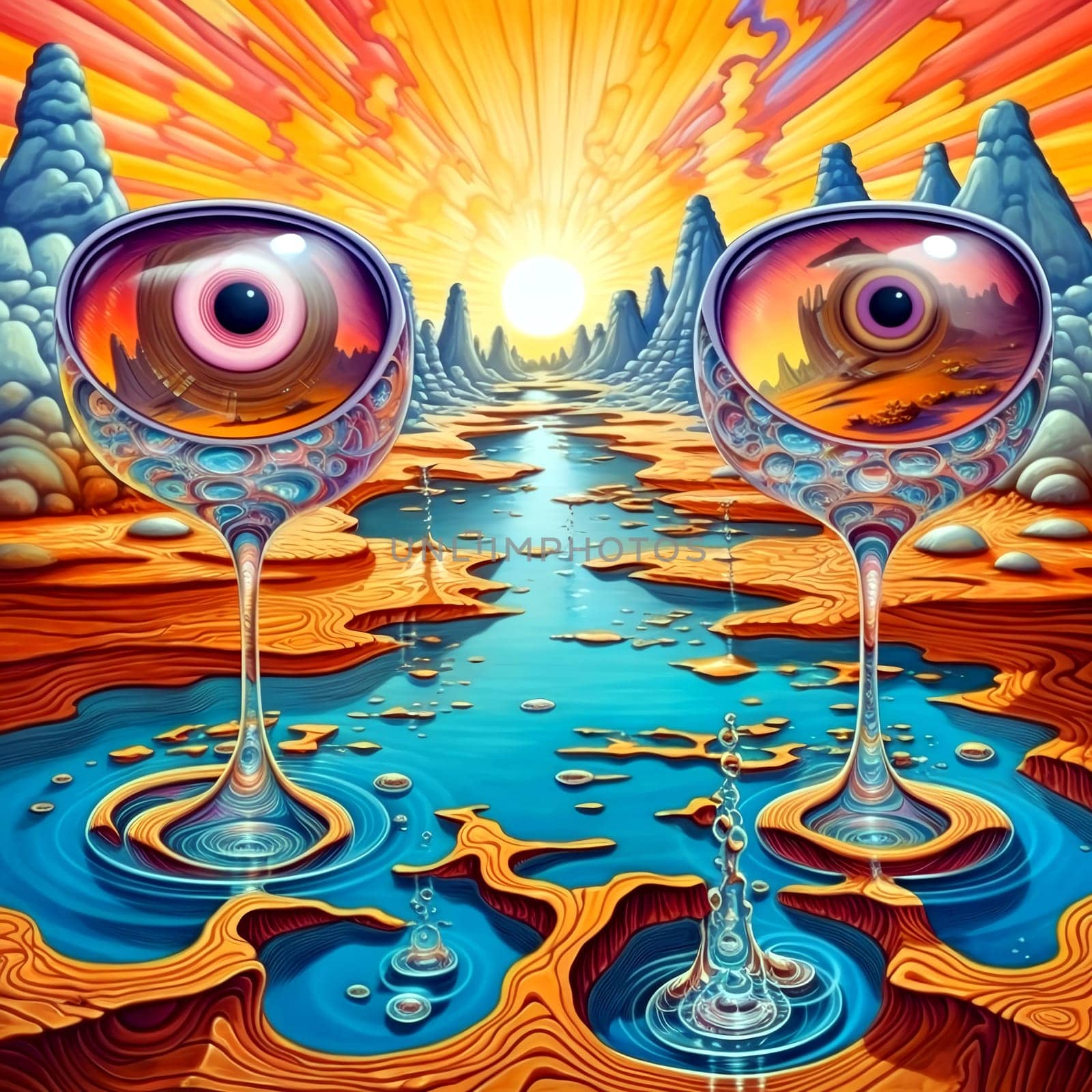 Psychedelic Poster with fantastic landscapes, mystical characters. AI Generated by AndreyKENO