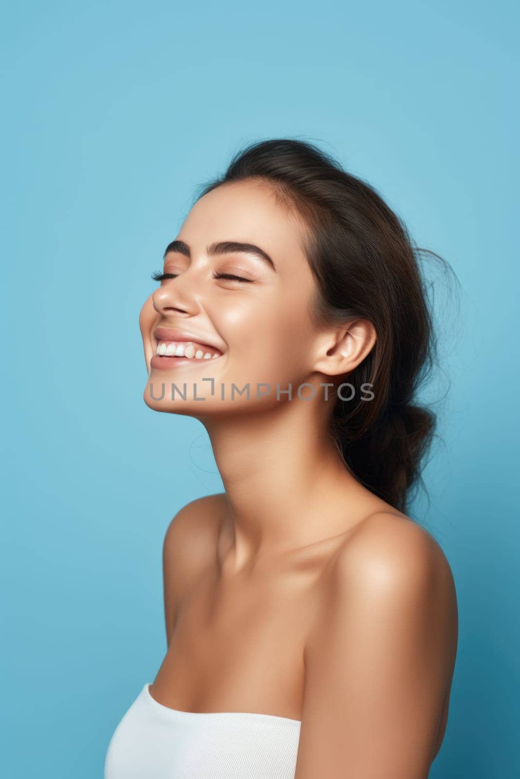 Portrait of smiling woman enjoying beauty treatment on blue background. AI Generated
