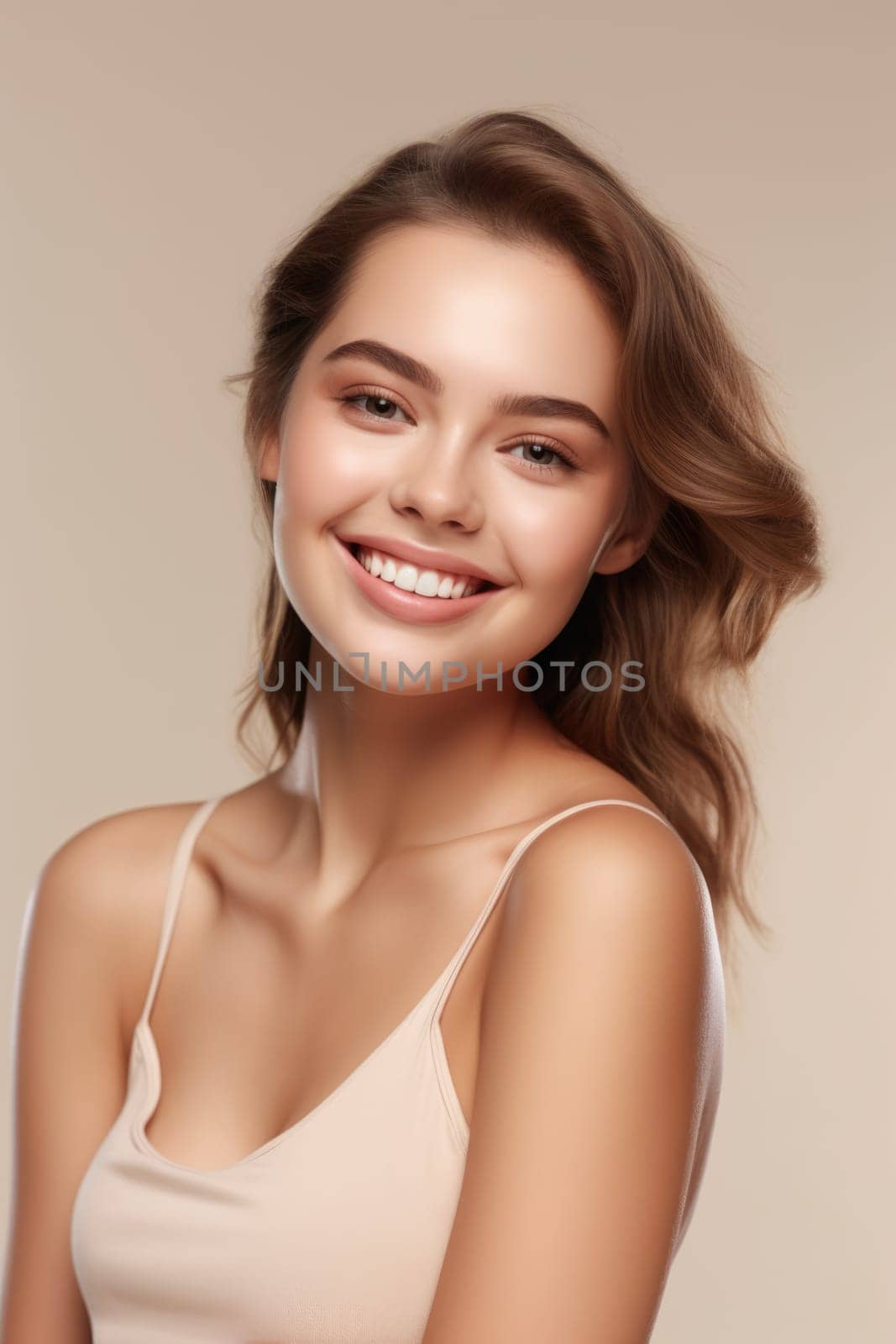 Portrait of smiling woman enjoying beauty treatment on beige background. AI Generated