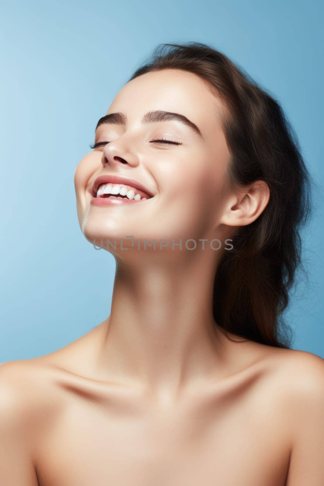 Portrait of smiling woman enjoying beauty treatment on blue background. AI Generated