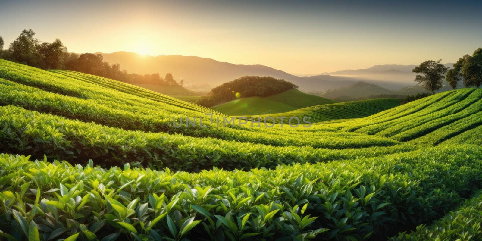 Green tea plantation at sunrise time,nature background. Aerial view. AI Generated