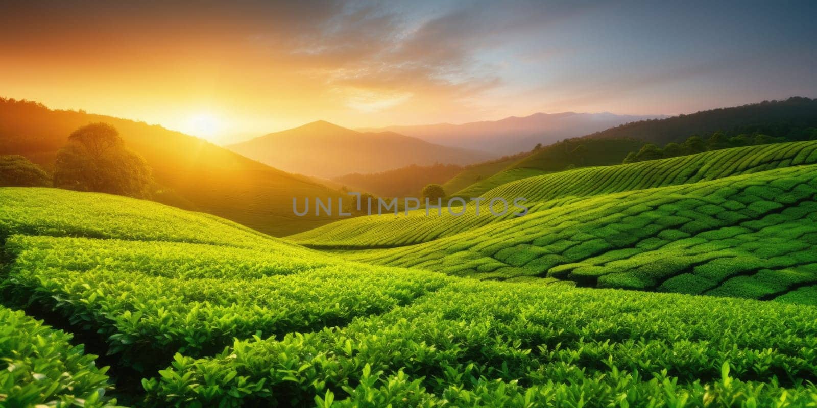 Green tea plantation at sunrise time,nature background. AI Generated by Desperada