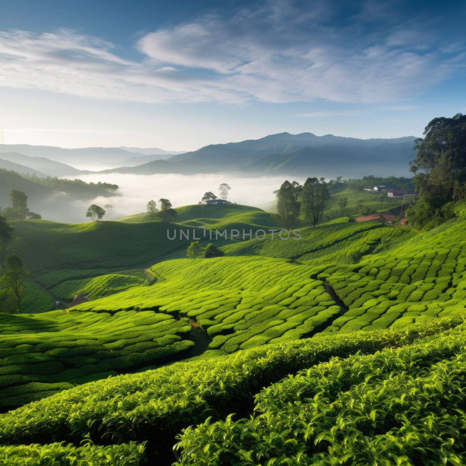 Green tea plantation at sunrise time,nature background. Aerial view. AI Generated