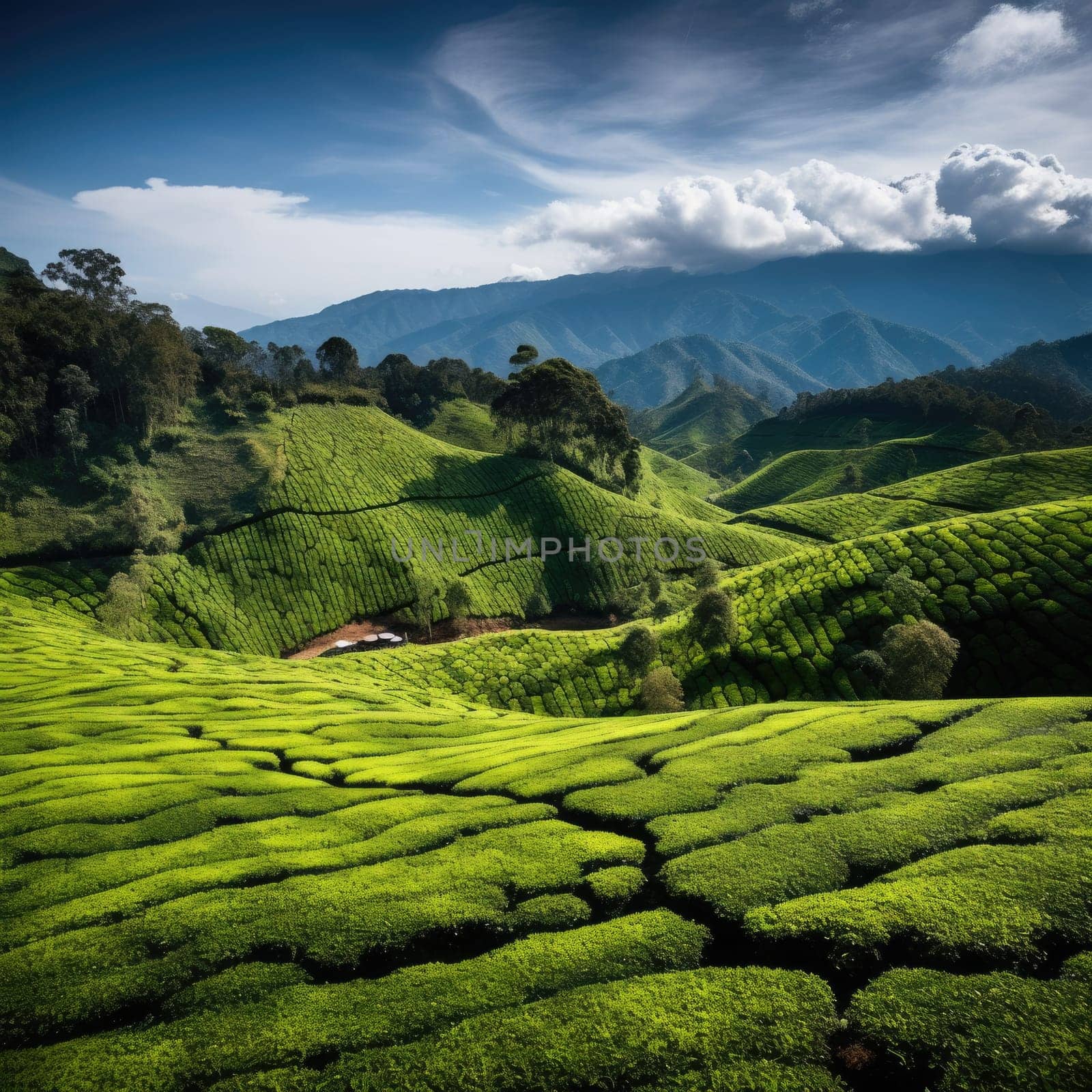 Green tea plantation at sunrise time,nature background. Aerial view. AI Generated