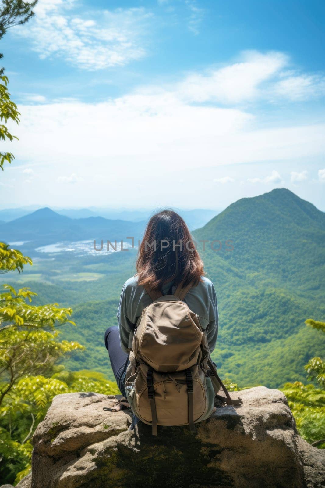 Woman traveler hiking in mountains with backpack, looking at view. Back view. AI Generated