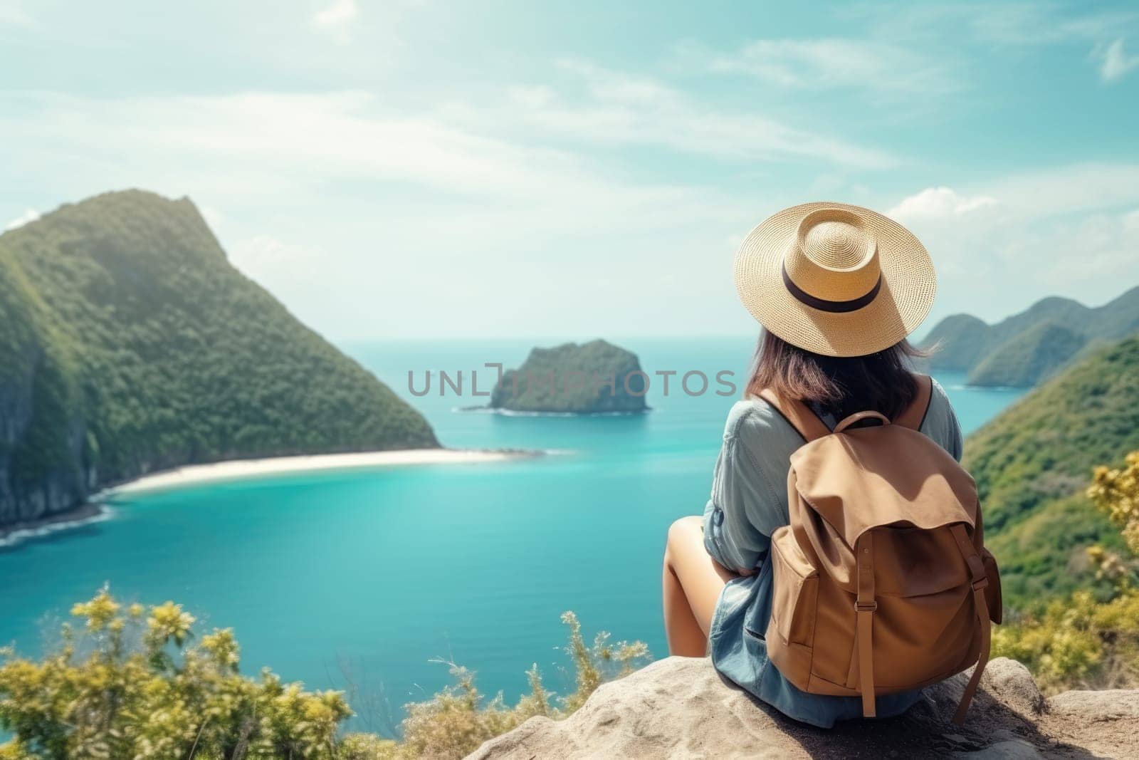 Woman traveler hiking in mountains with backpack, looking at view. Back view. AI Generated