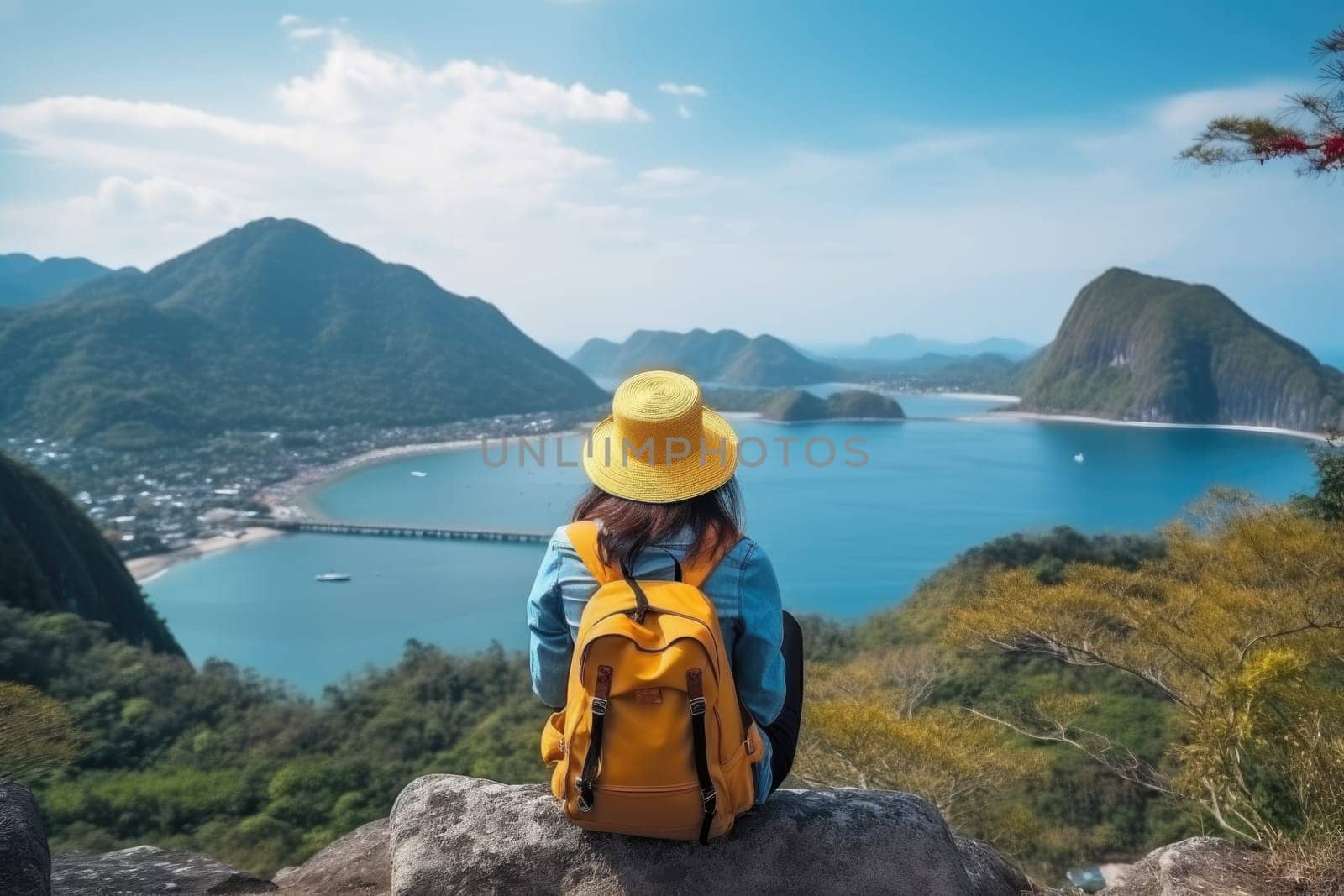 Woman traveler hiking in mountains with backpack, looking at view. Back view. AI Generated