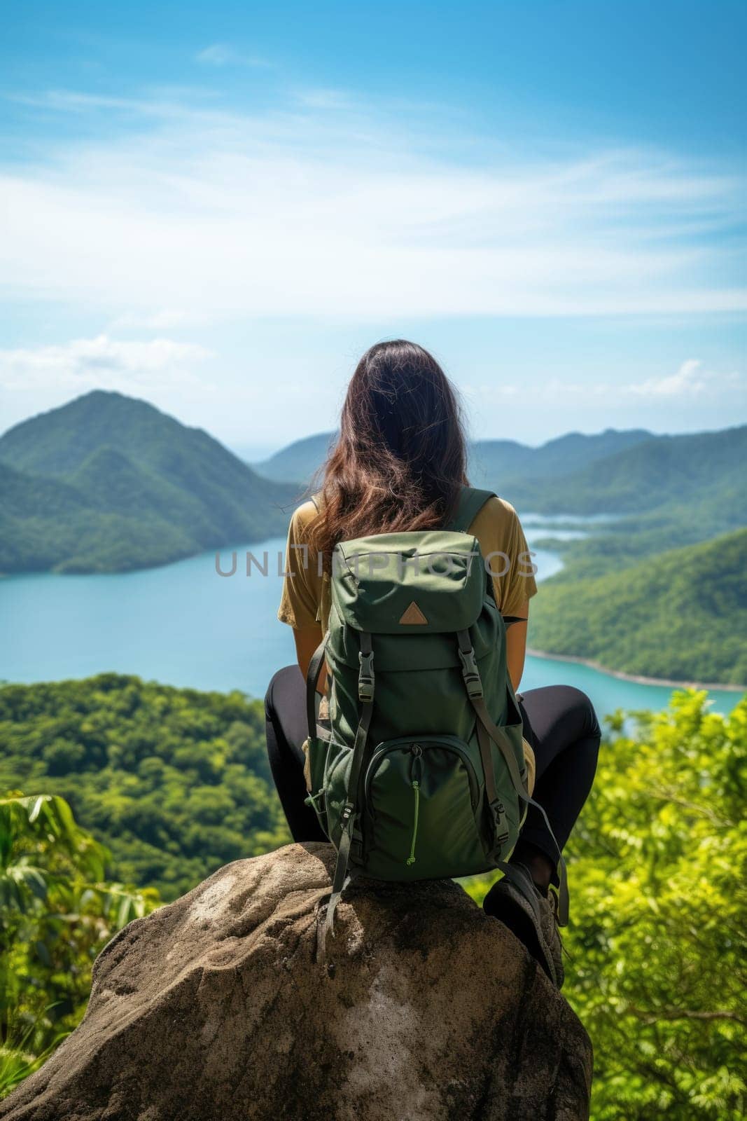 Woman traveler hiking in mountains with backpack, looking at view. AI Generated by Desperada