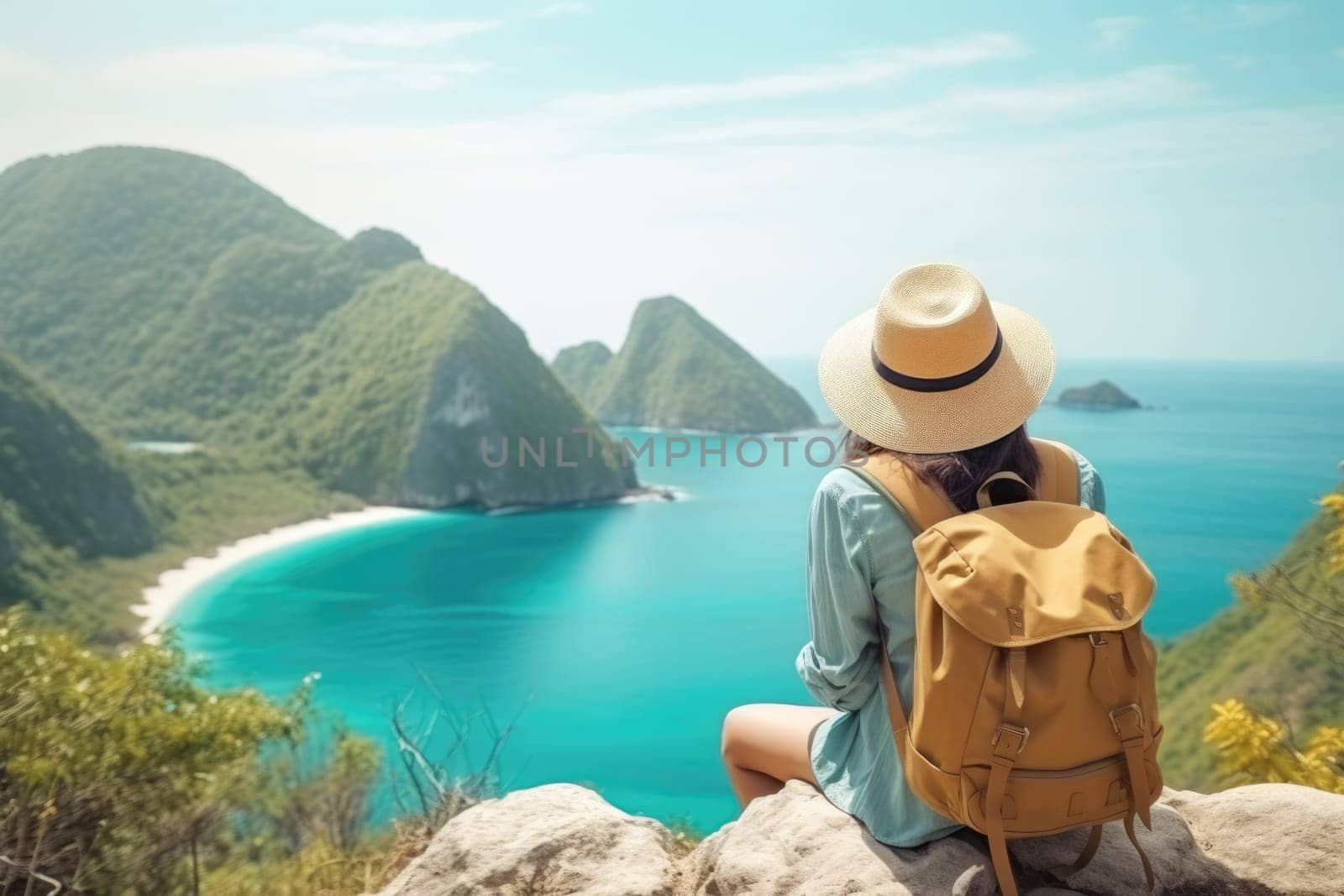 Woman traveler hiking in mountains with backpack, looking at view. Back view. AI Generated