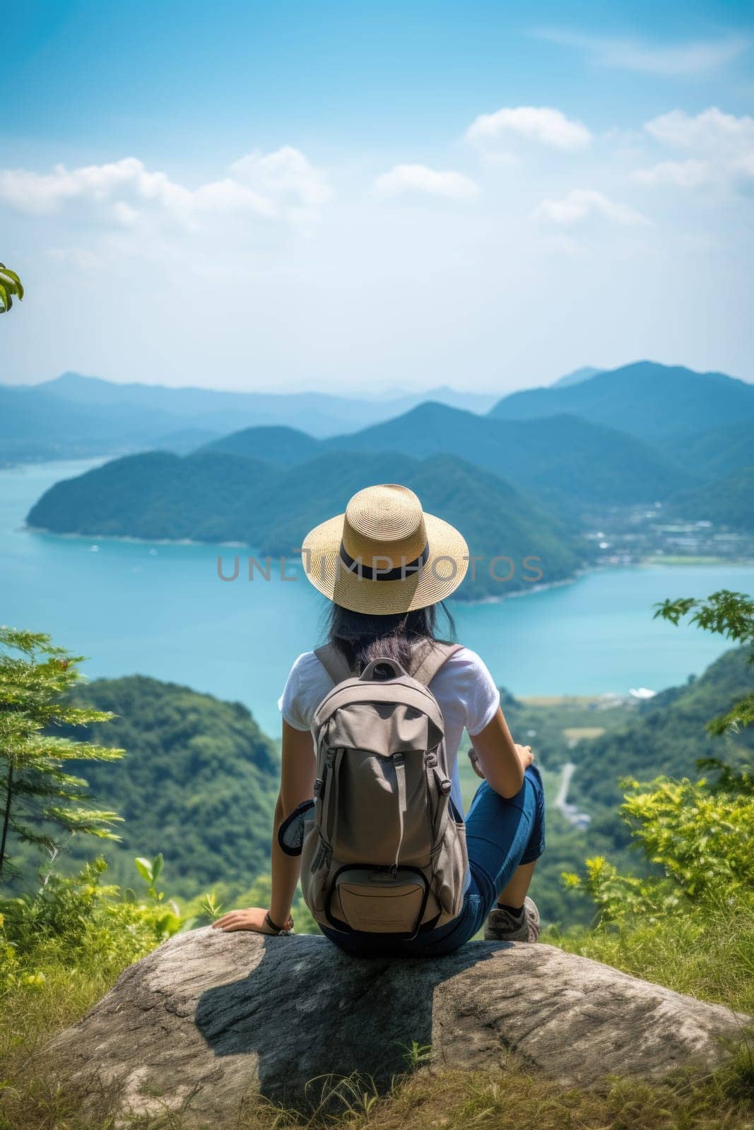 Woman traveler hiking in mountains with backpack, looking at view. Back view. AI Generated