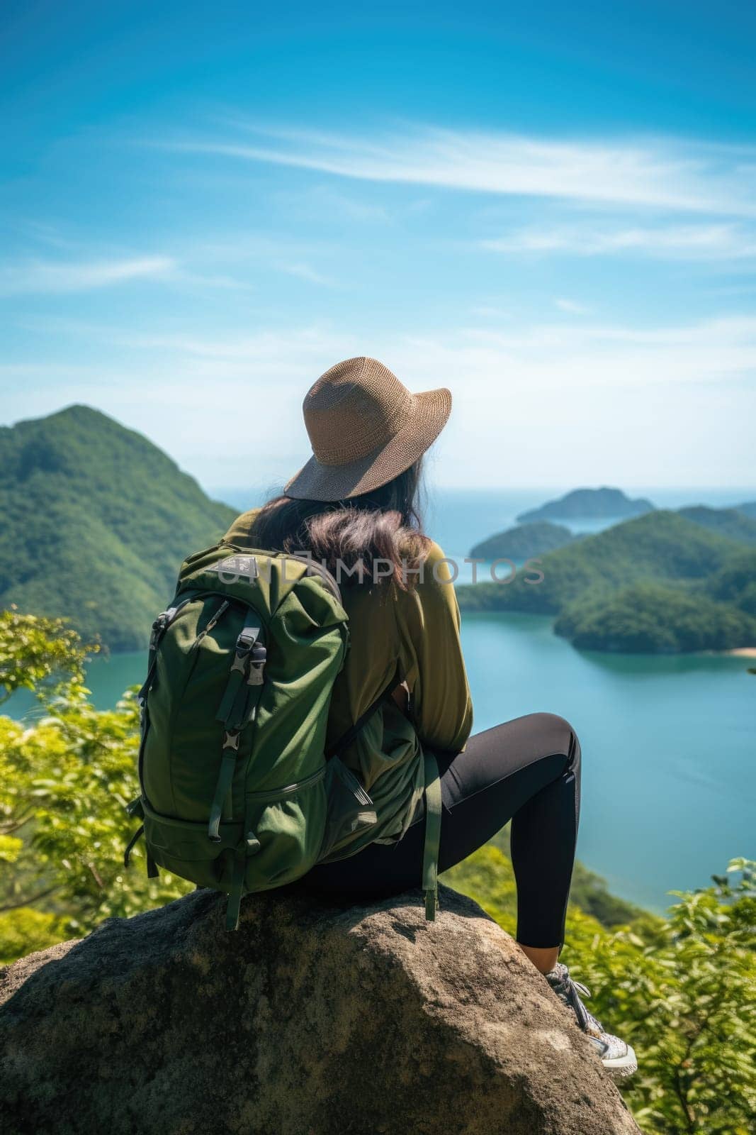 Woman traveler hiking in mountains with backpack, looking at view. Back view. AI Generated