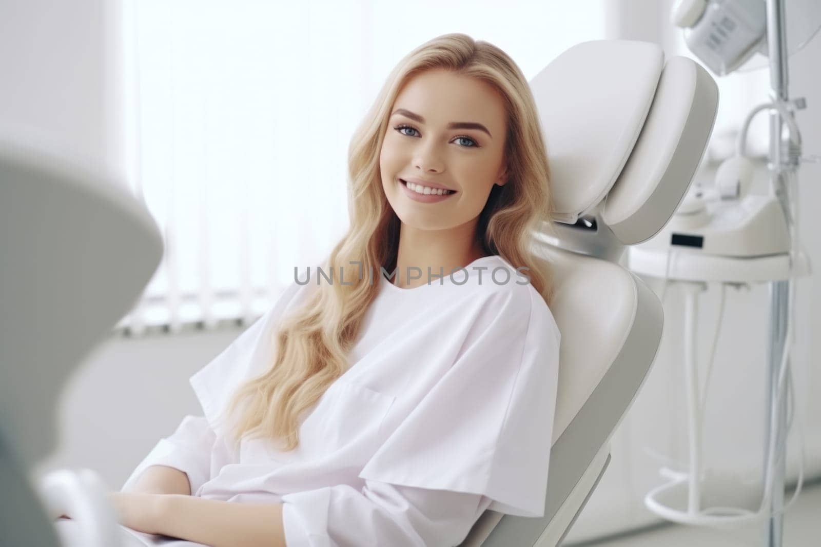 European young woman smiling happily while sitting in medical chair at dental clinic. AI Generated