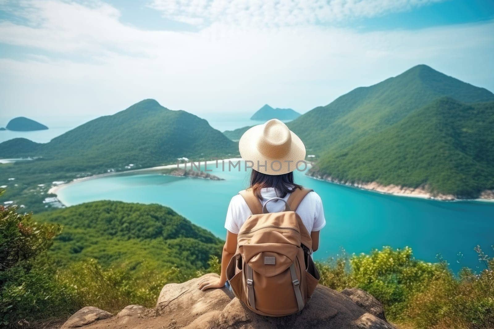 Woman traveler hiking in mountains with backpack, looking at view. Back view. AI Generated